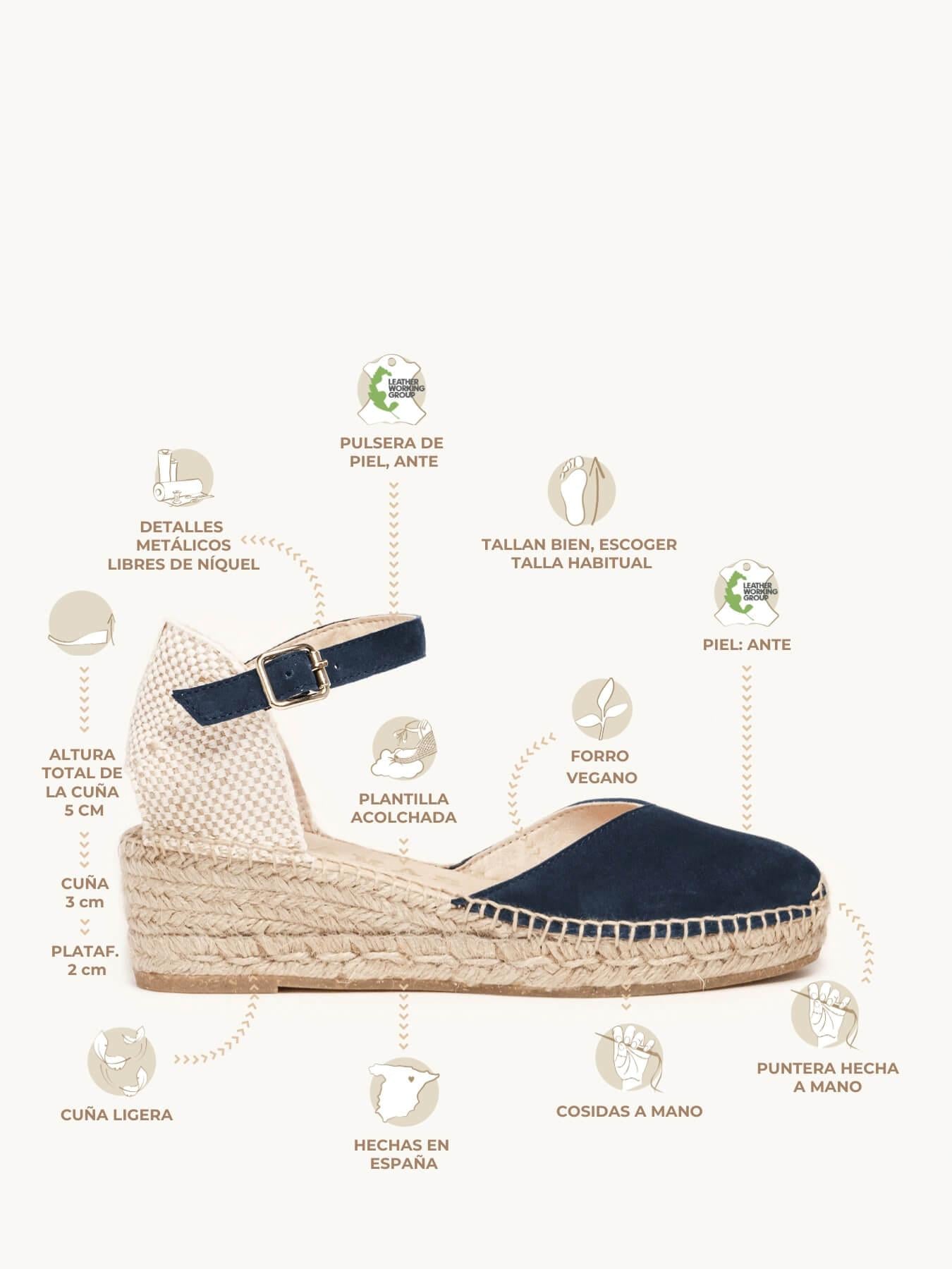 Sandália Anabela Baixa Jara Camurça Azul Marinho