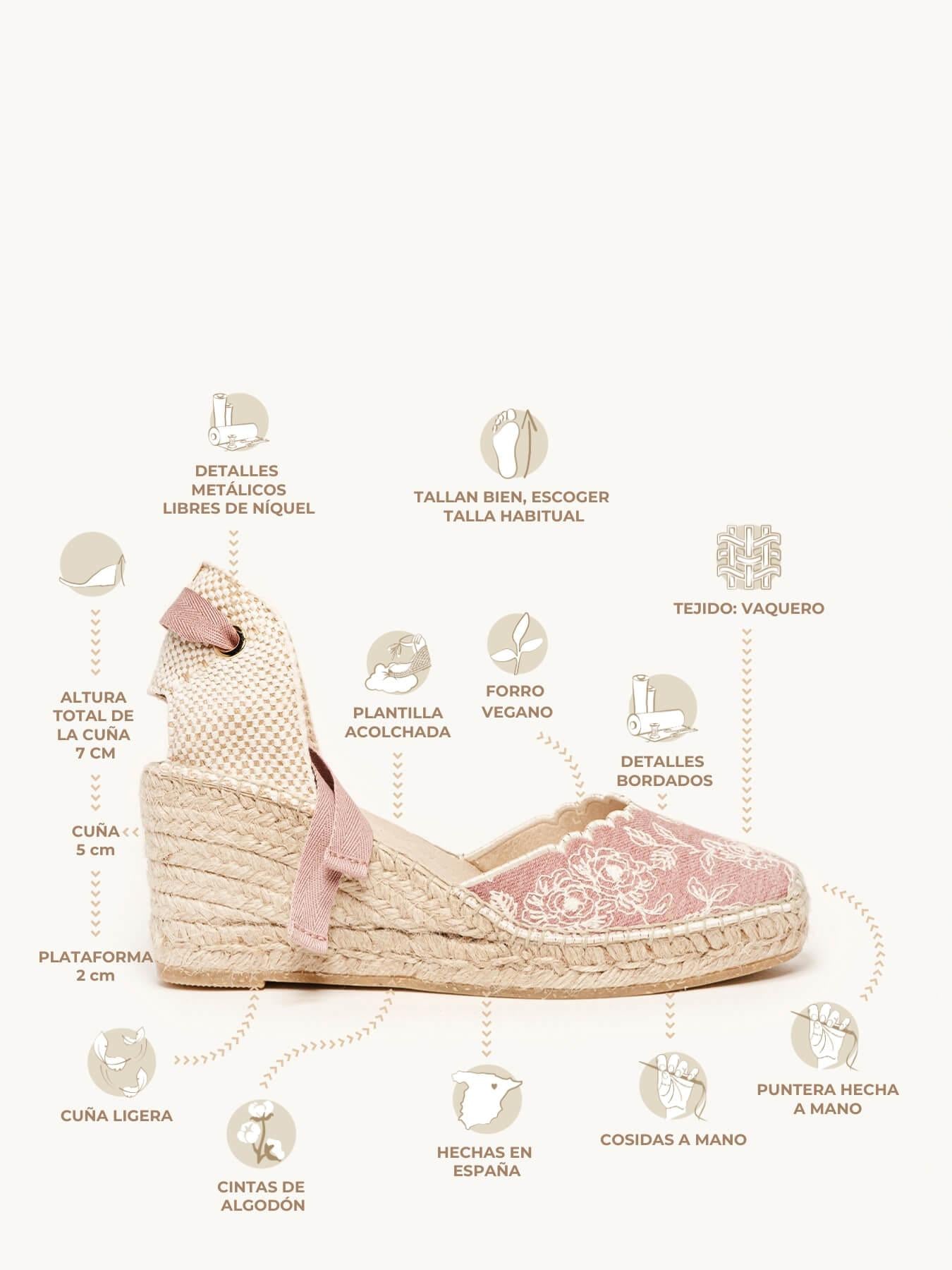 Sandália Romero Anabela Média Jeans Bordado Rosa