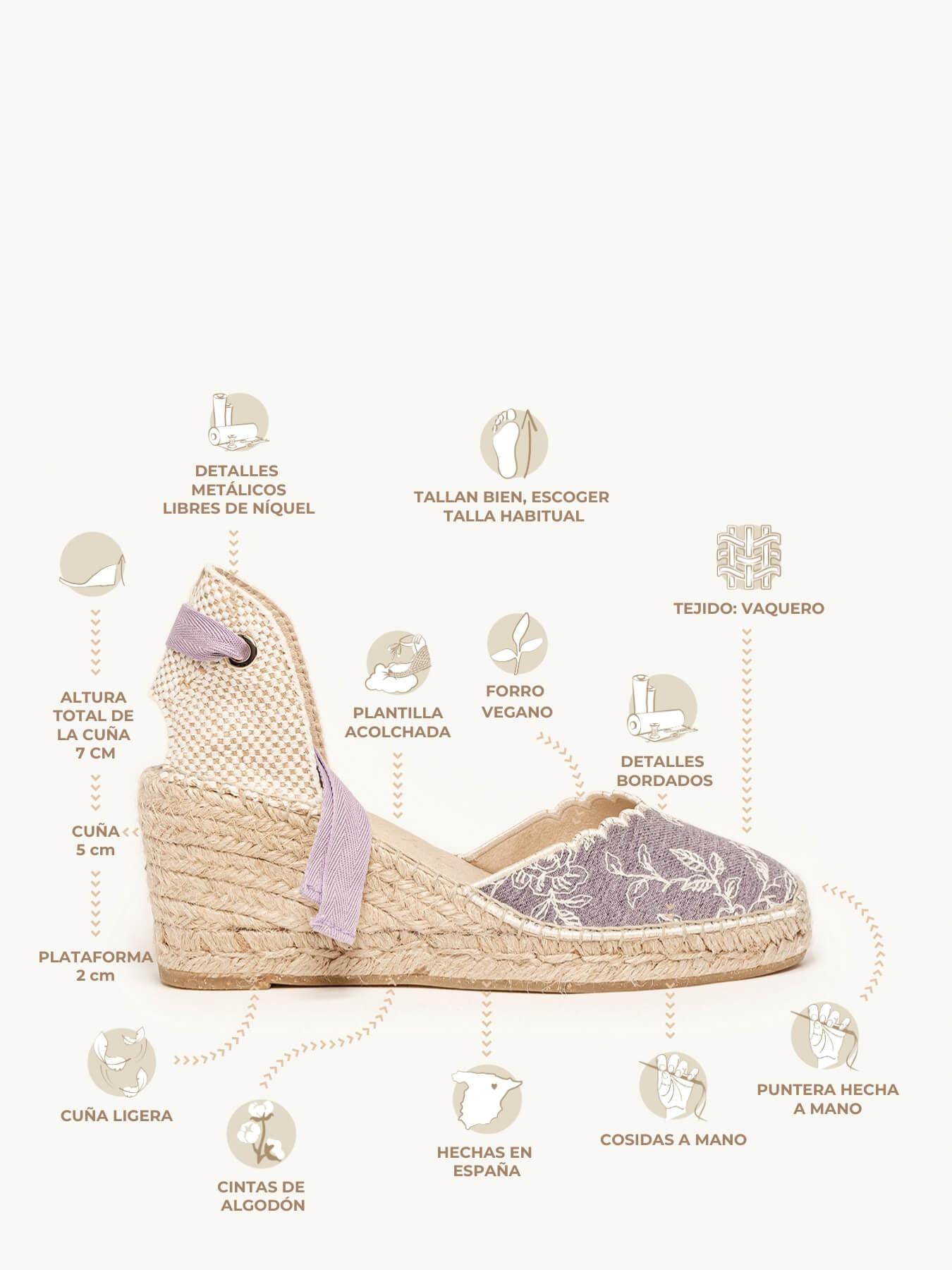 Sandália Anabela Média Romero Jeans Bordado Lilás