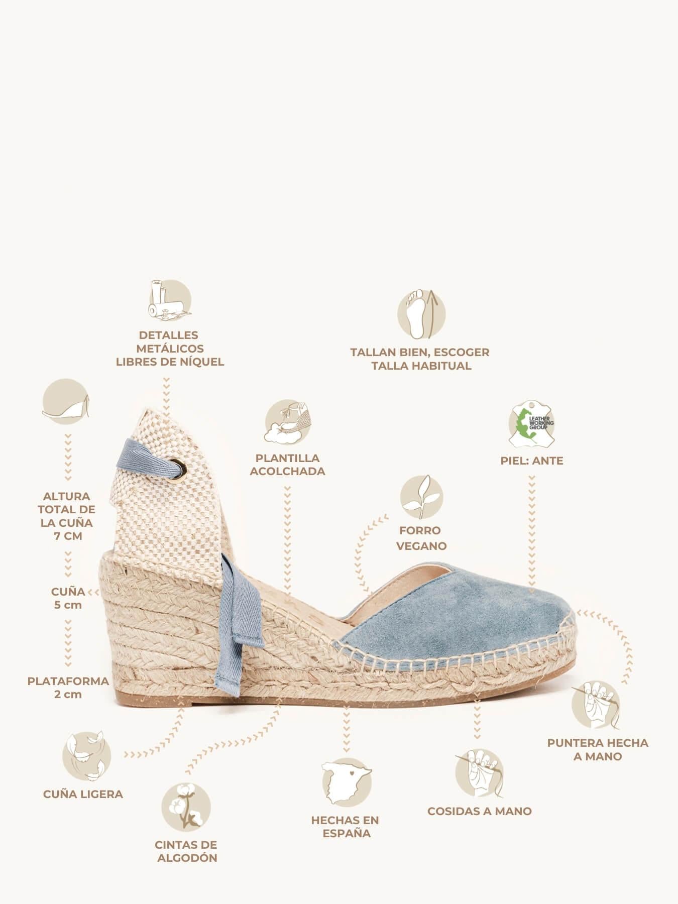Sandália Romero Anabela 7 cm Camurça Azul Jeans
