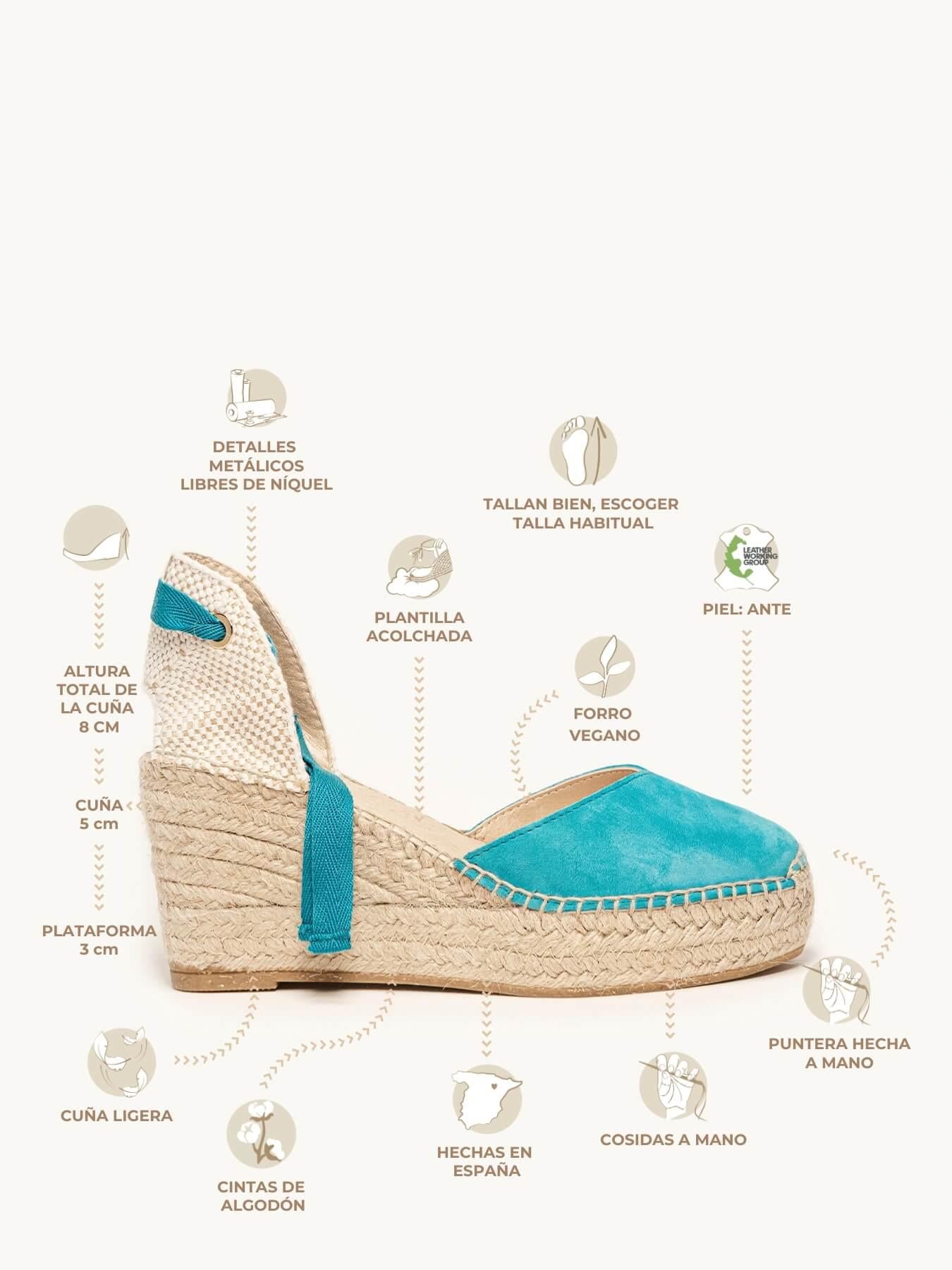 Sandália Romero Anabela 8 cm Camurça Azul Turquesa