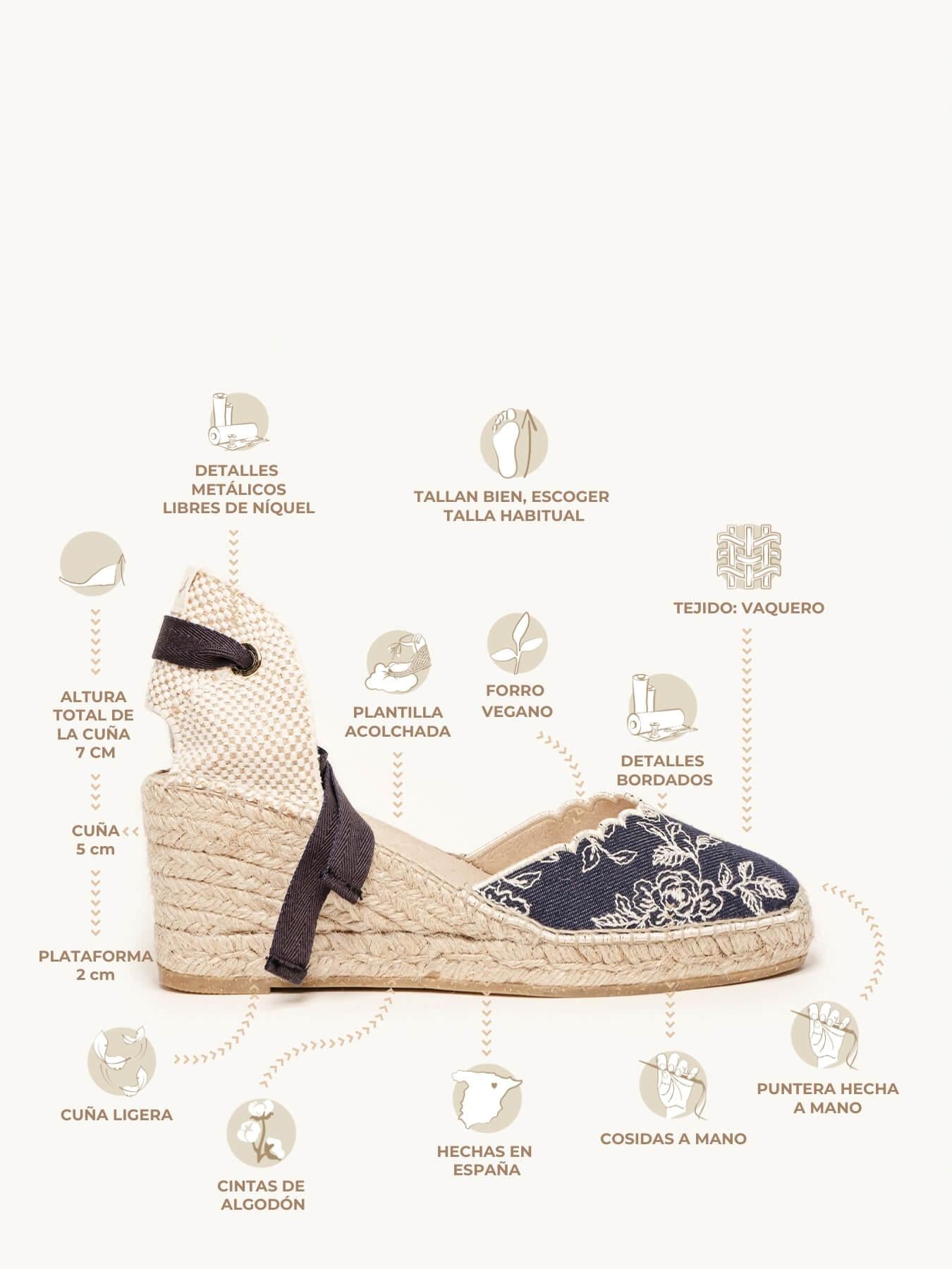 Sandália Anabela Média Romero Jeans Bordado Marinha