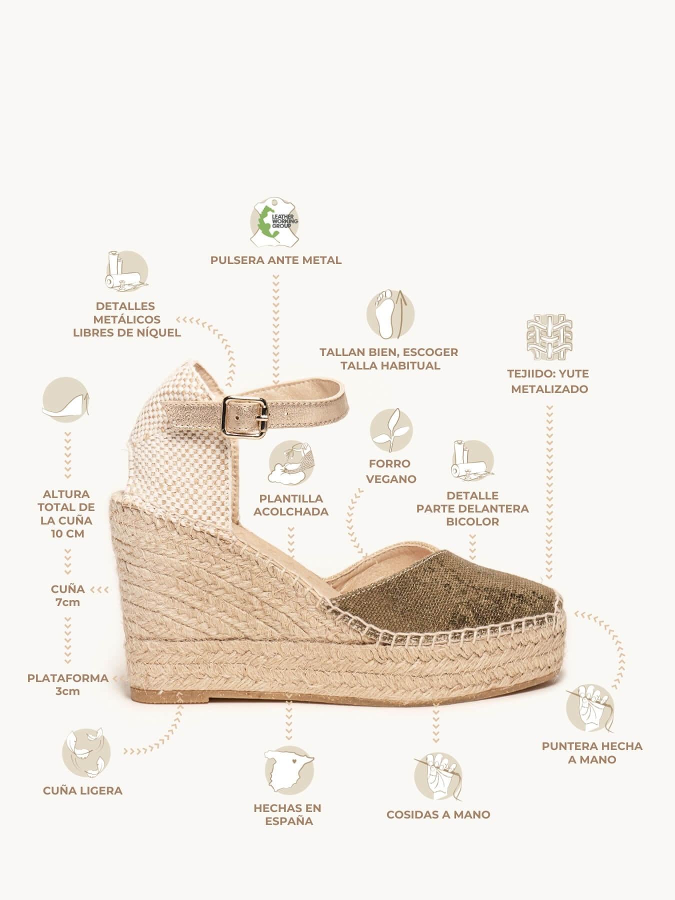 Sandália Anabela Alta Jara Linho Metalizado Verde Caqui