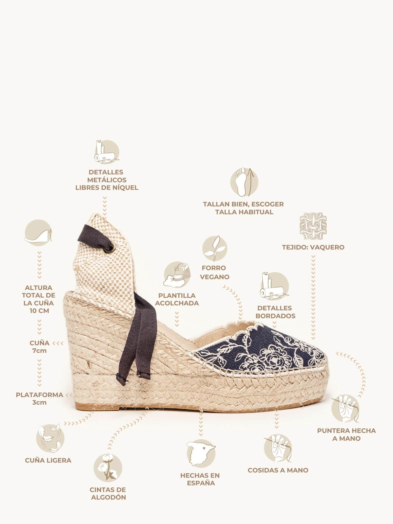 Sandália Anabela Alta Romero Jeans Bordado Marinho