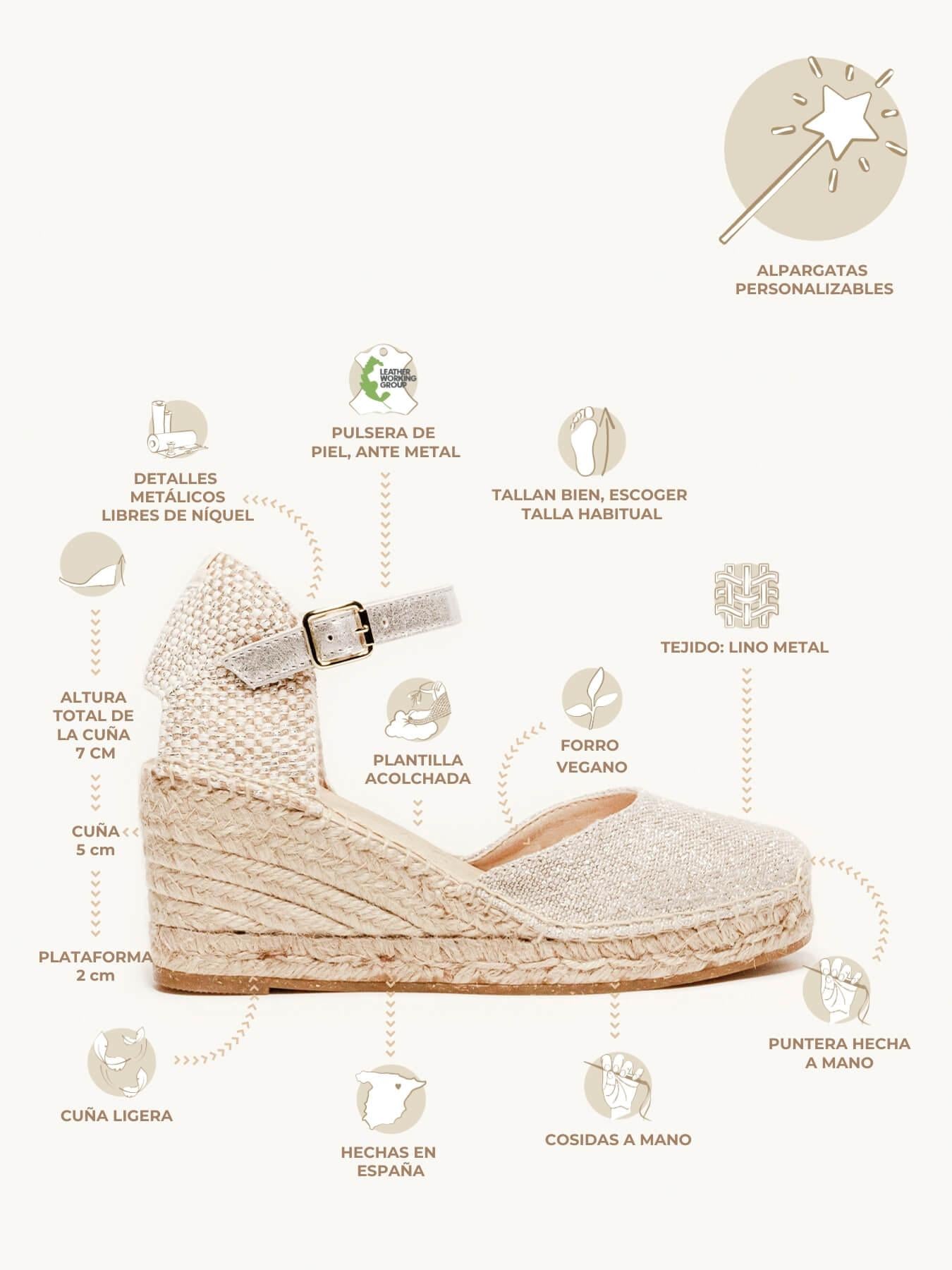 Sandália Anabela Média Dalia Linho Metalizado Prata