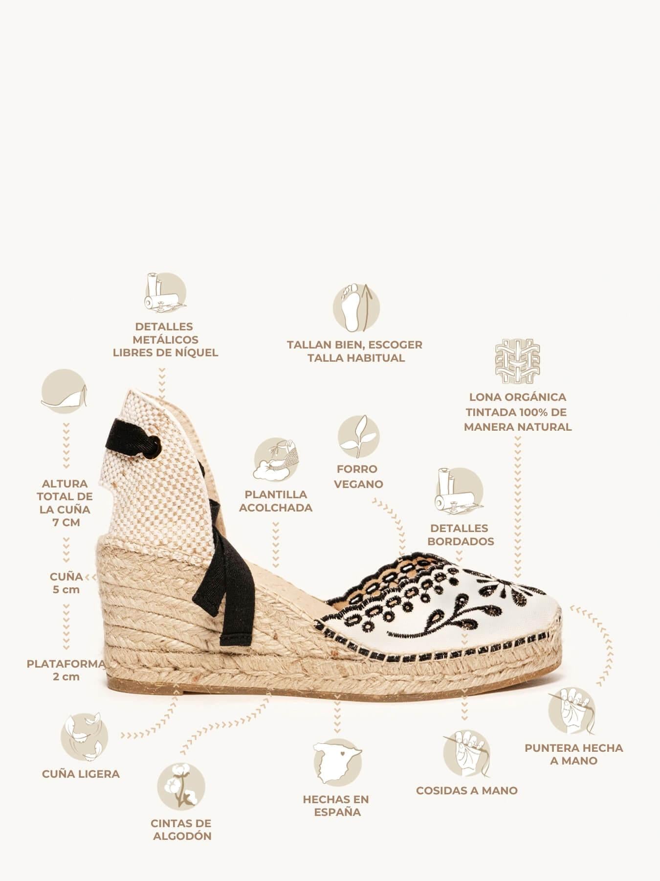 Sandália Anabela Média Romero Lona Bordada Preta