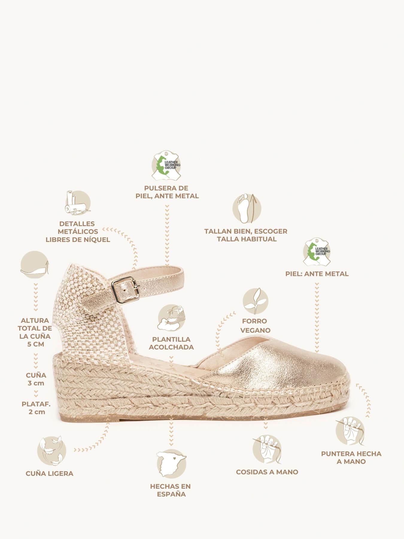 Sandália Anabela Baixa Jara Camurça Ouro Metalizado