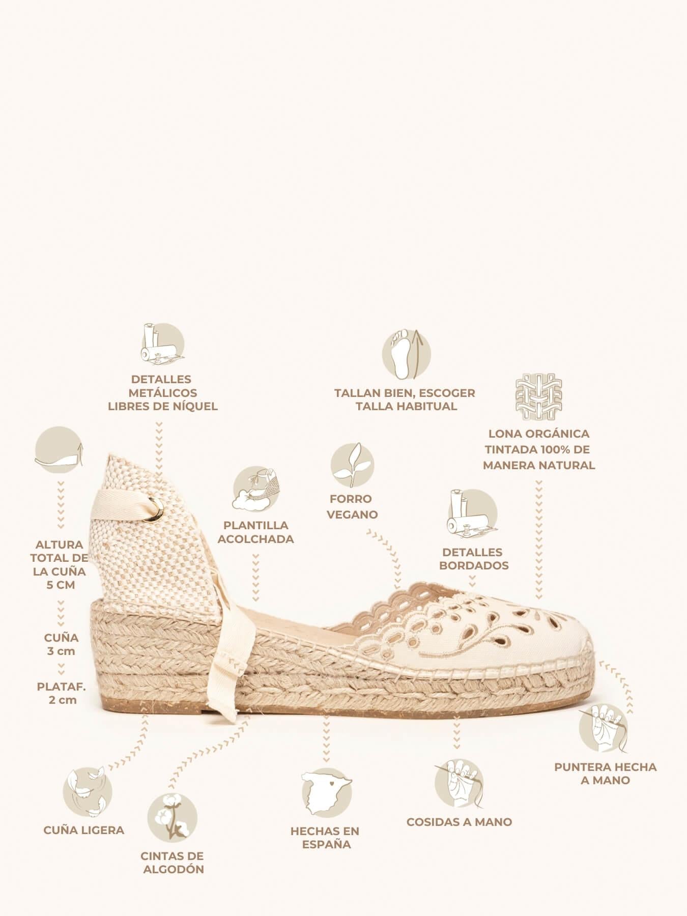 Sandália Anabela Baixa Romero Tecido Bordado Cru