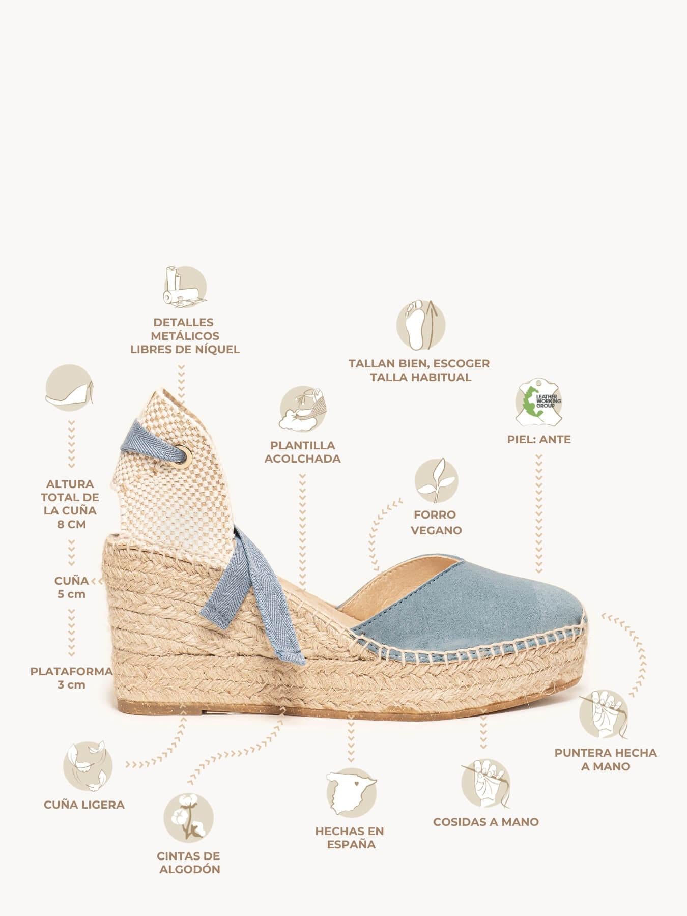 Sandália Romero Anabela 8 cm Camurça Azul Jeans