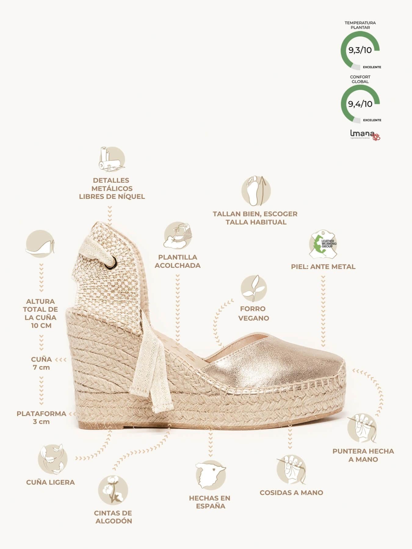 Sandália Anabela Alta Romero Camurça Dourado Metalizado