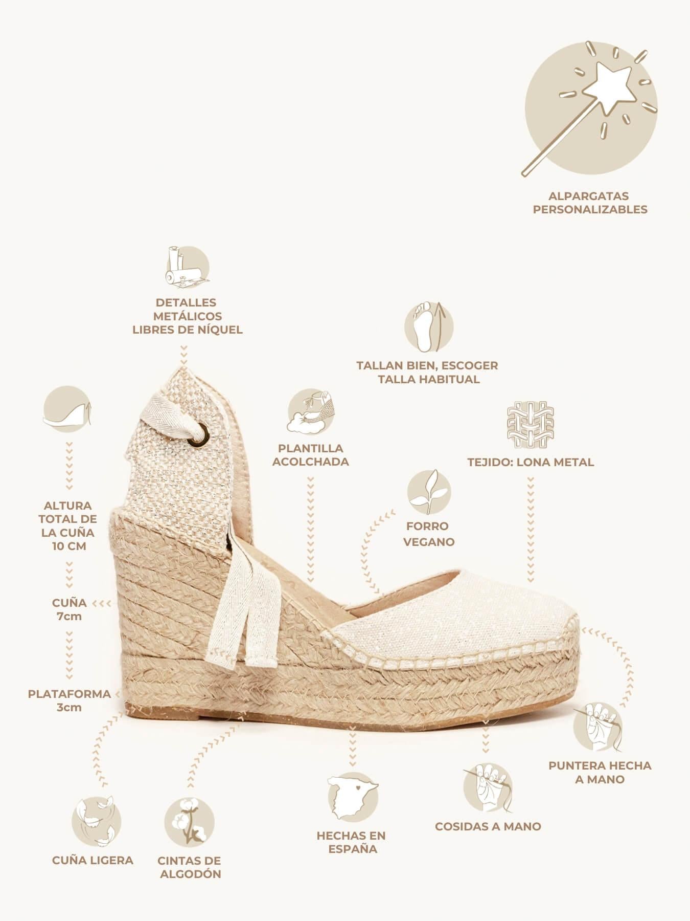 Sandália Cala Anabela 10 cm Lona Metal Branco