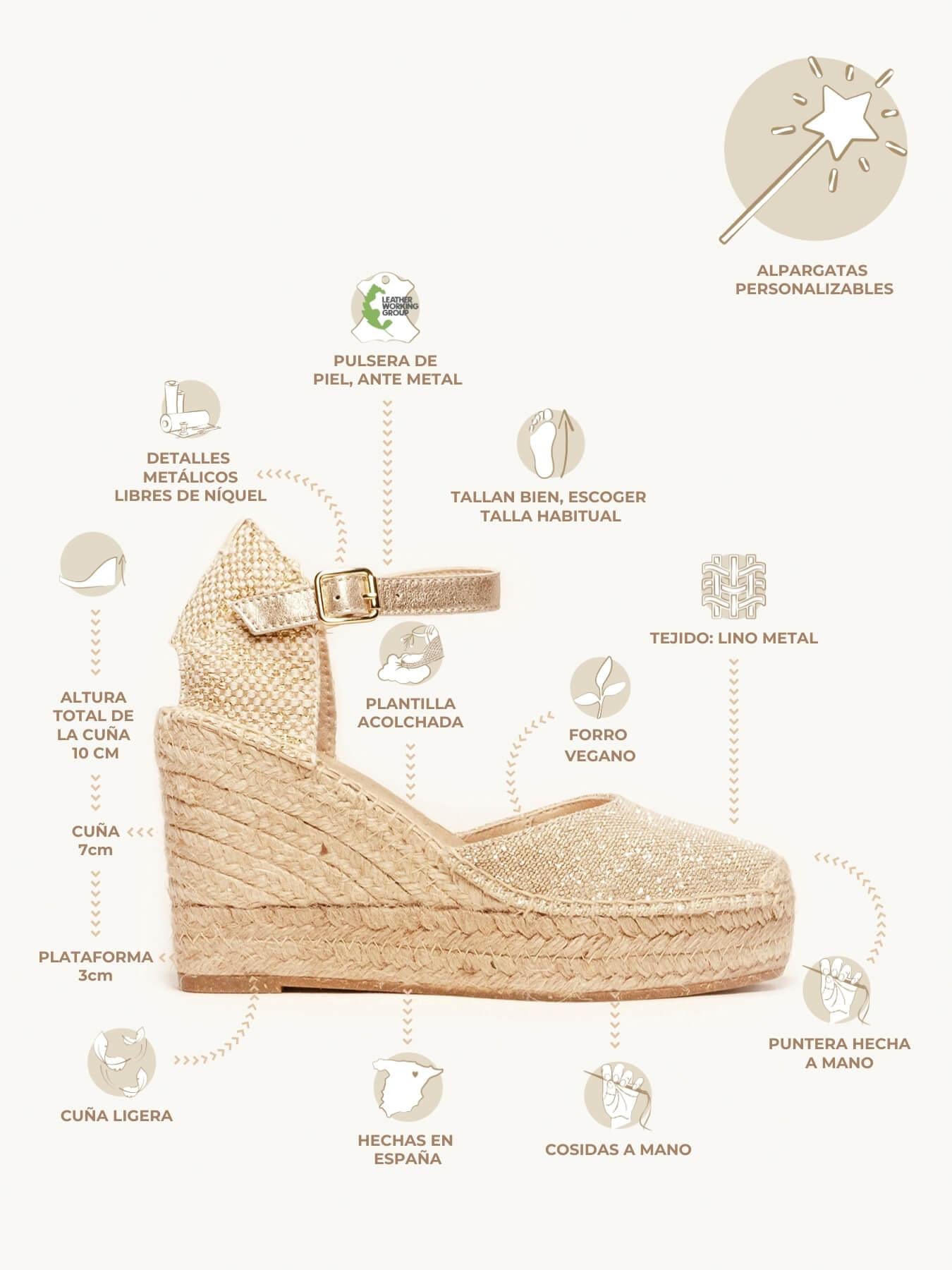 Sandália Anabela Alta Dalia Linho Dourado Metalizado