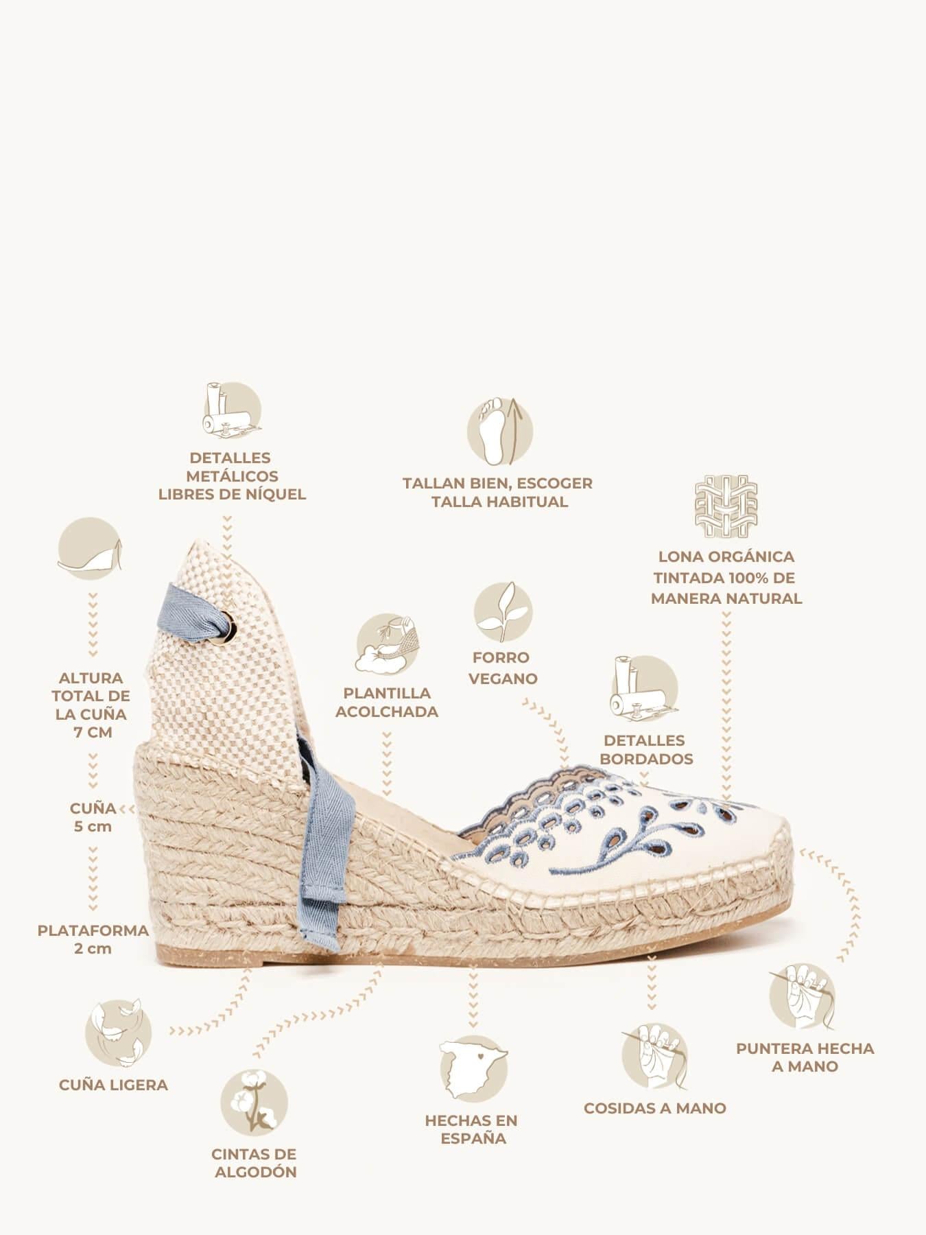 Sandália Anabela Média Romero Lona Bordada Azul Jeans