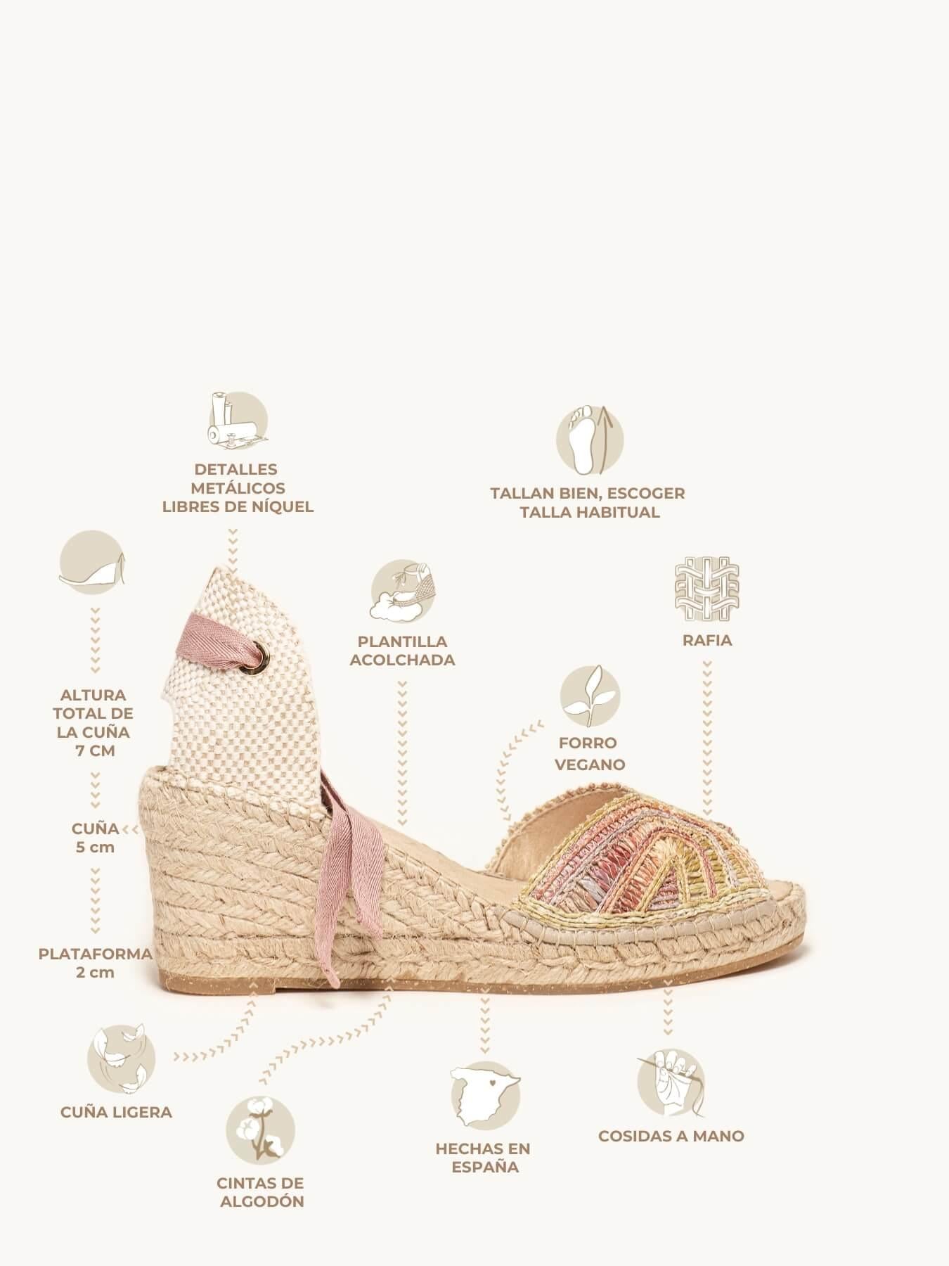 Sandália Anabela Média Lirio Ráfia Rosa Claro