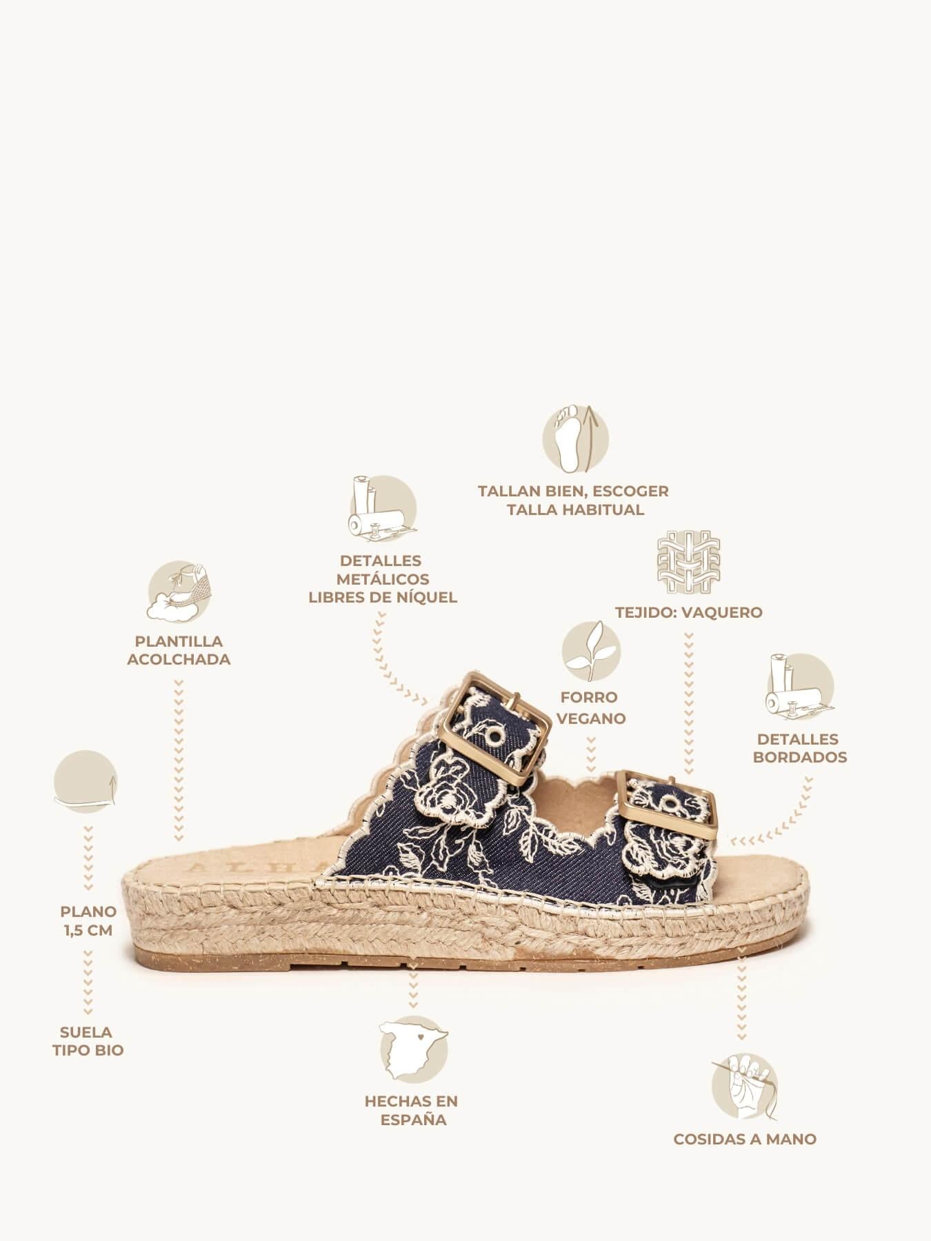 Sandália Papete Girasol Jeans Bordada Azul Marinho