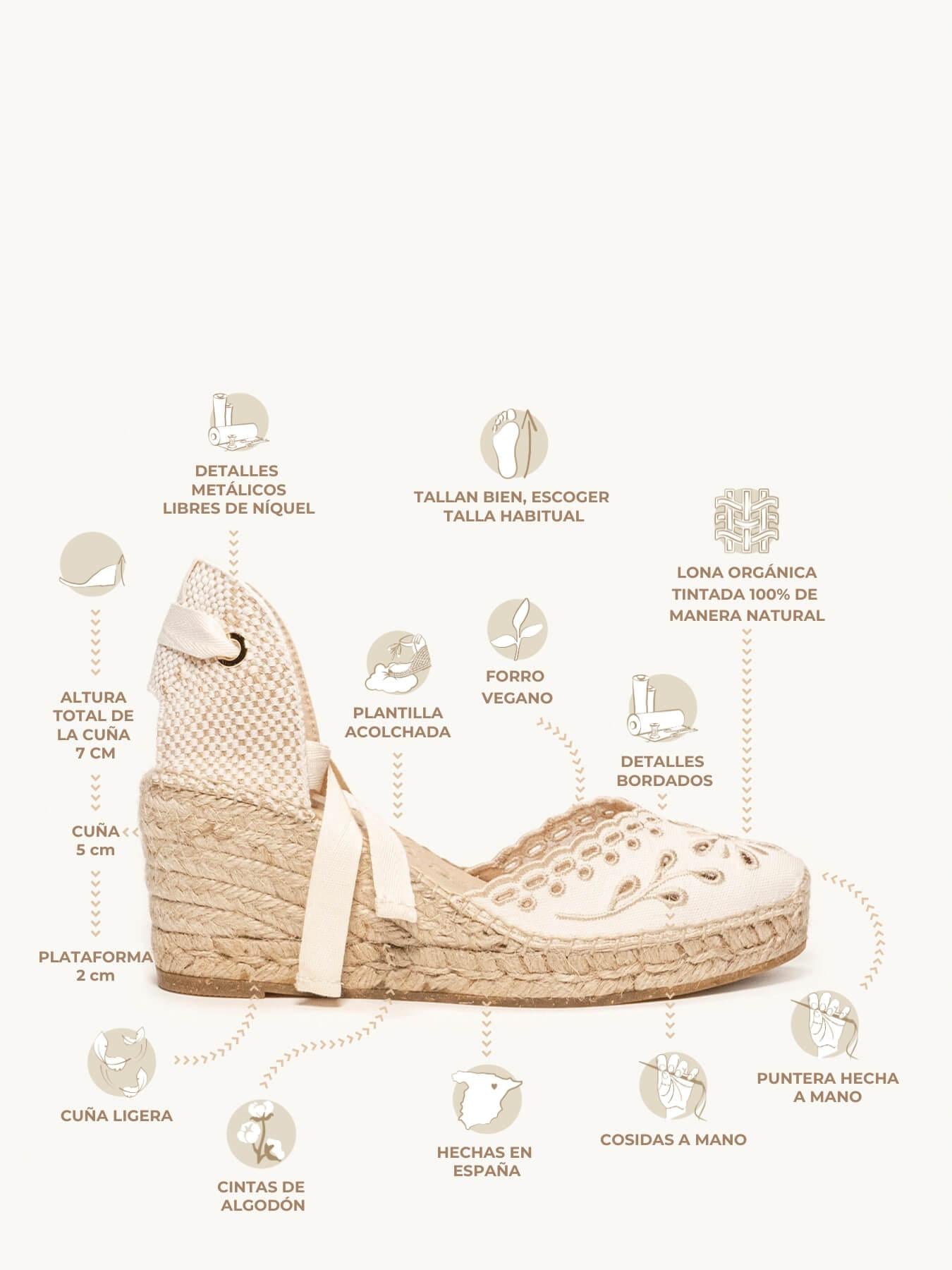 Sandália Anabela Média Romero Tecido Bordado Cru