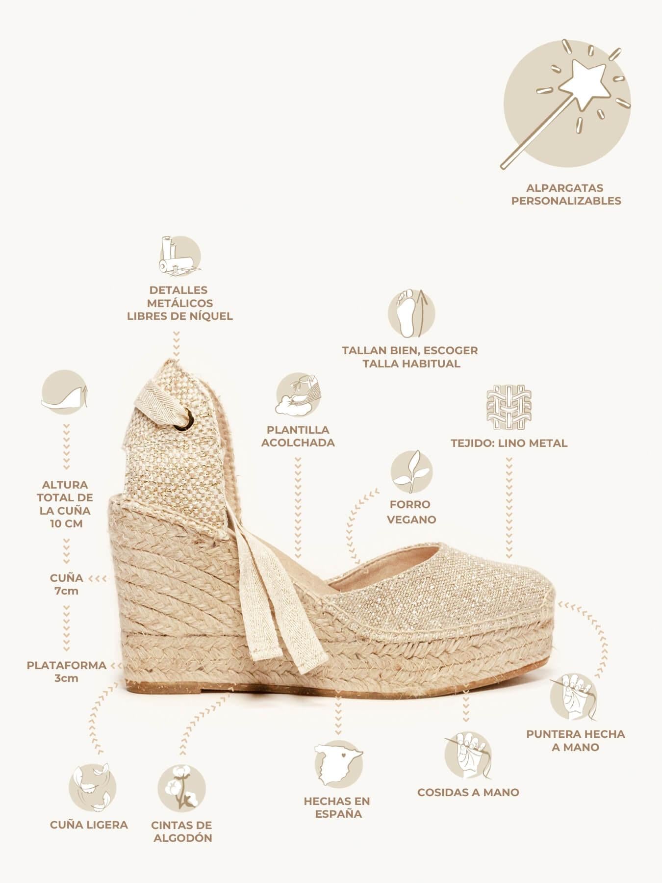 Sandália Anabela Alta Cala Linho Dourado Metalizado