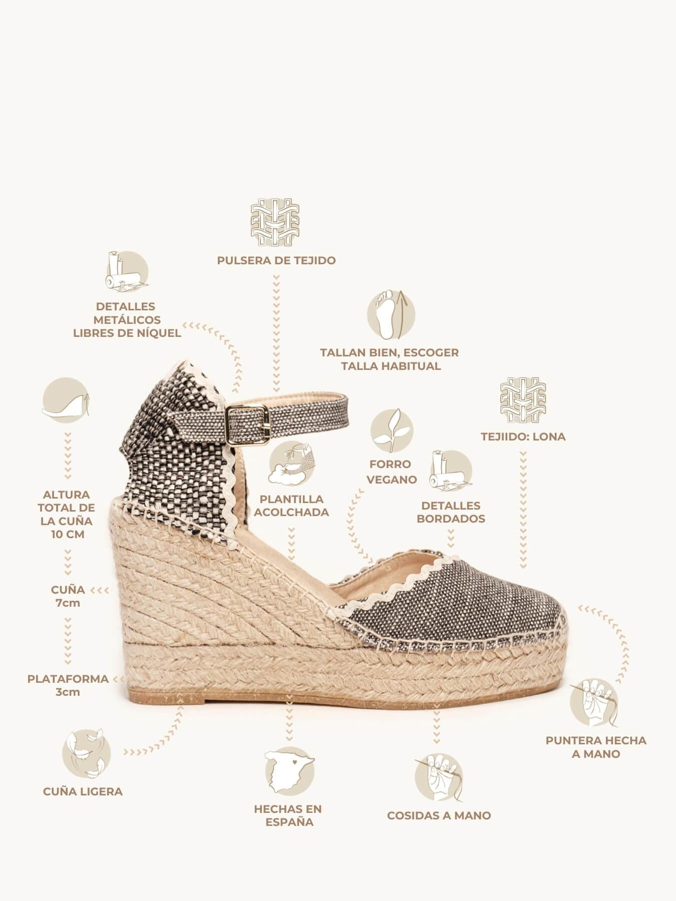 Sandália Anabela Alta Jara Linho Mesclado Preto