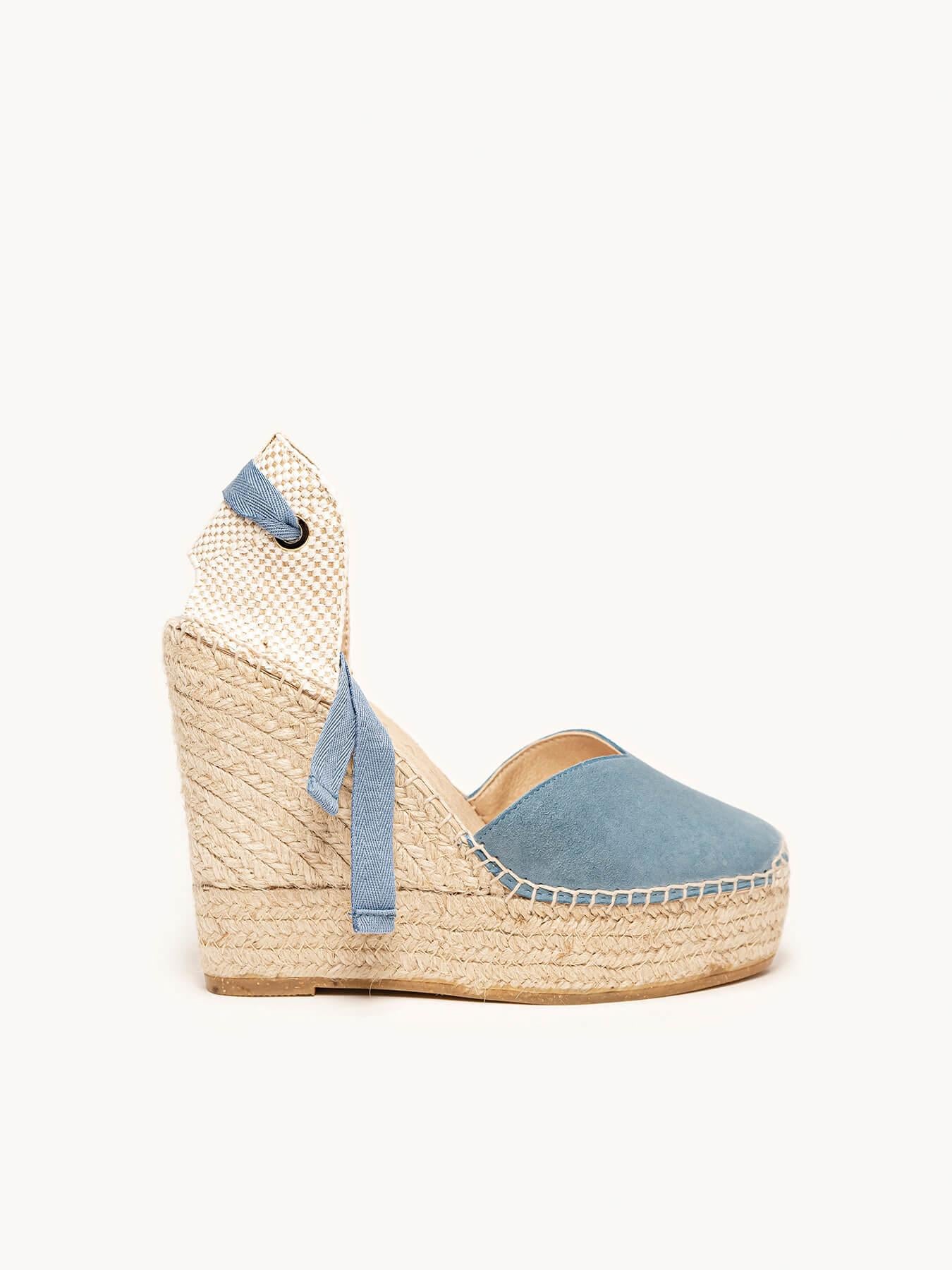 Sandália Romero Anabela 12 cm Camurça Azul Jeans