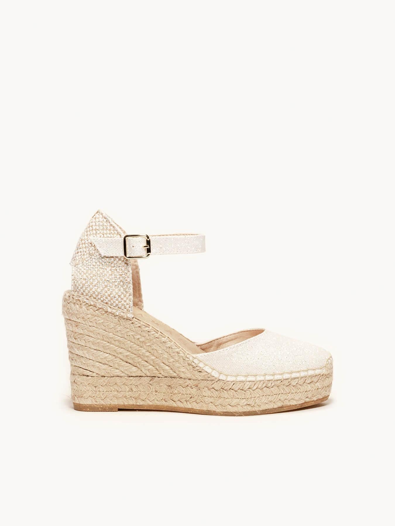 Sandália Anabela Alta Dalia Lona Metal Branca