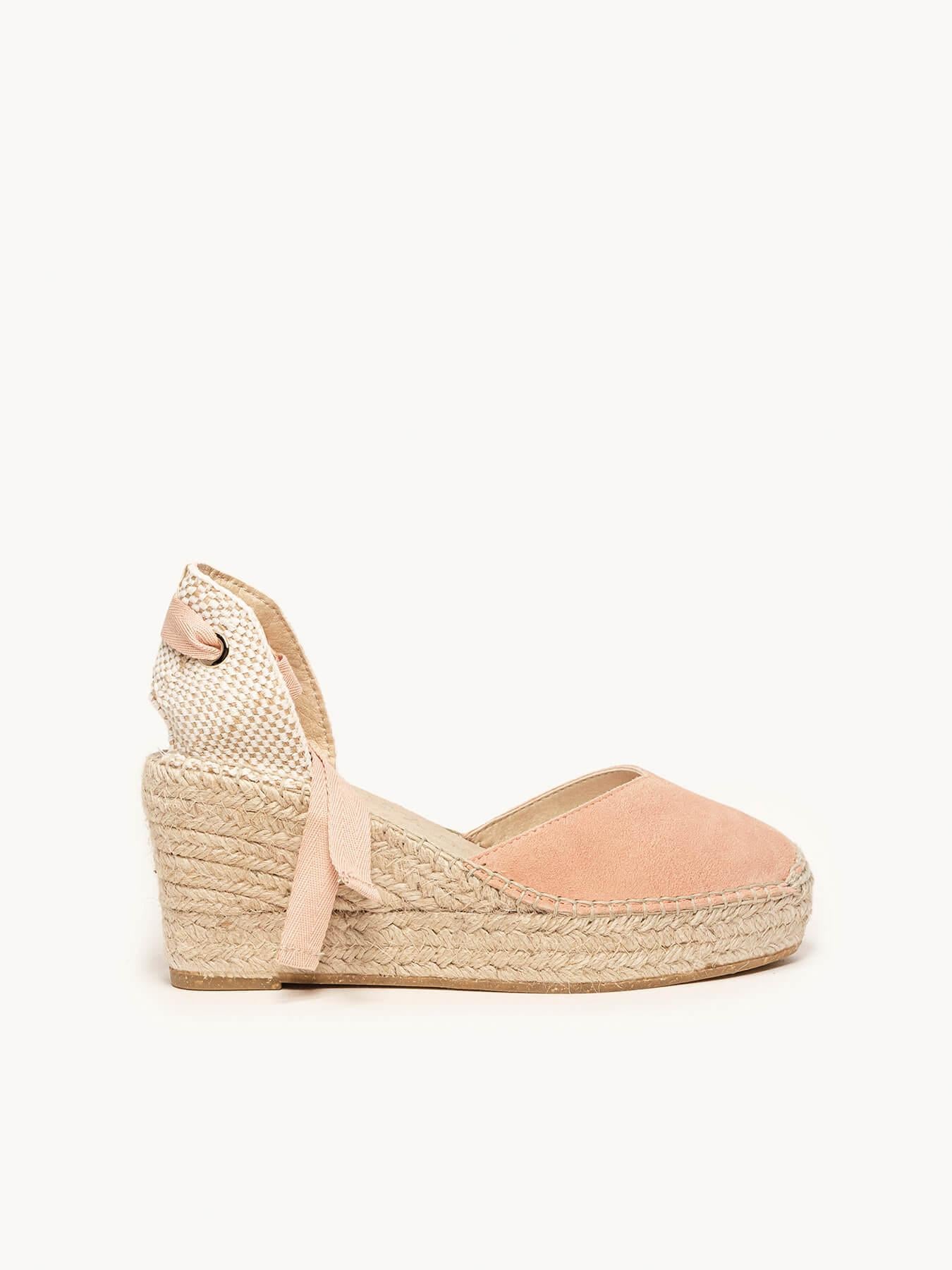 Sandália Romero Anabela 8 cm Camurça Laranja Claro
