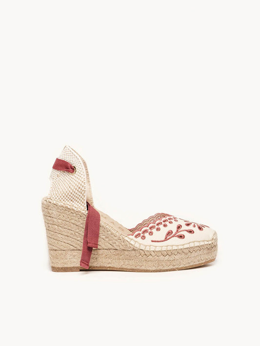 Sandália Anabela Alta Romero Lona Bordada Bordô