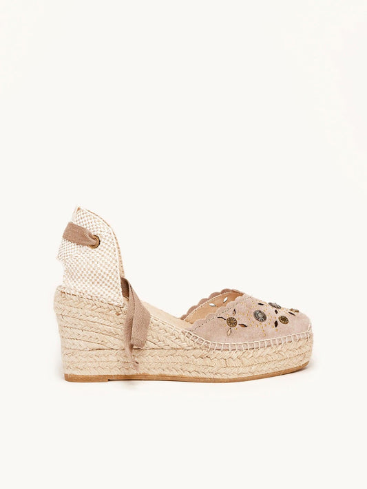 Sandália Romero Anabela 8 cm Camurça Taupe