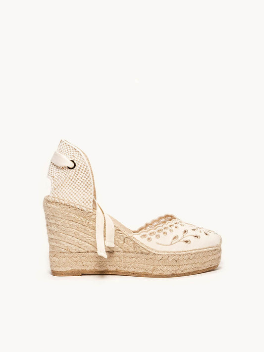 Sandália Anabela Alta Romero Lona Bordada Cru