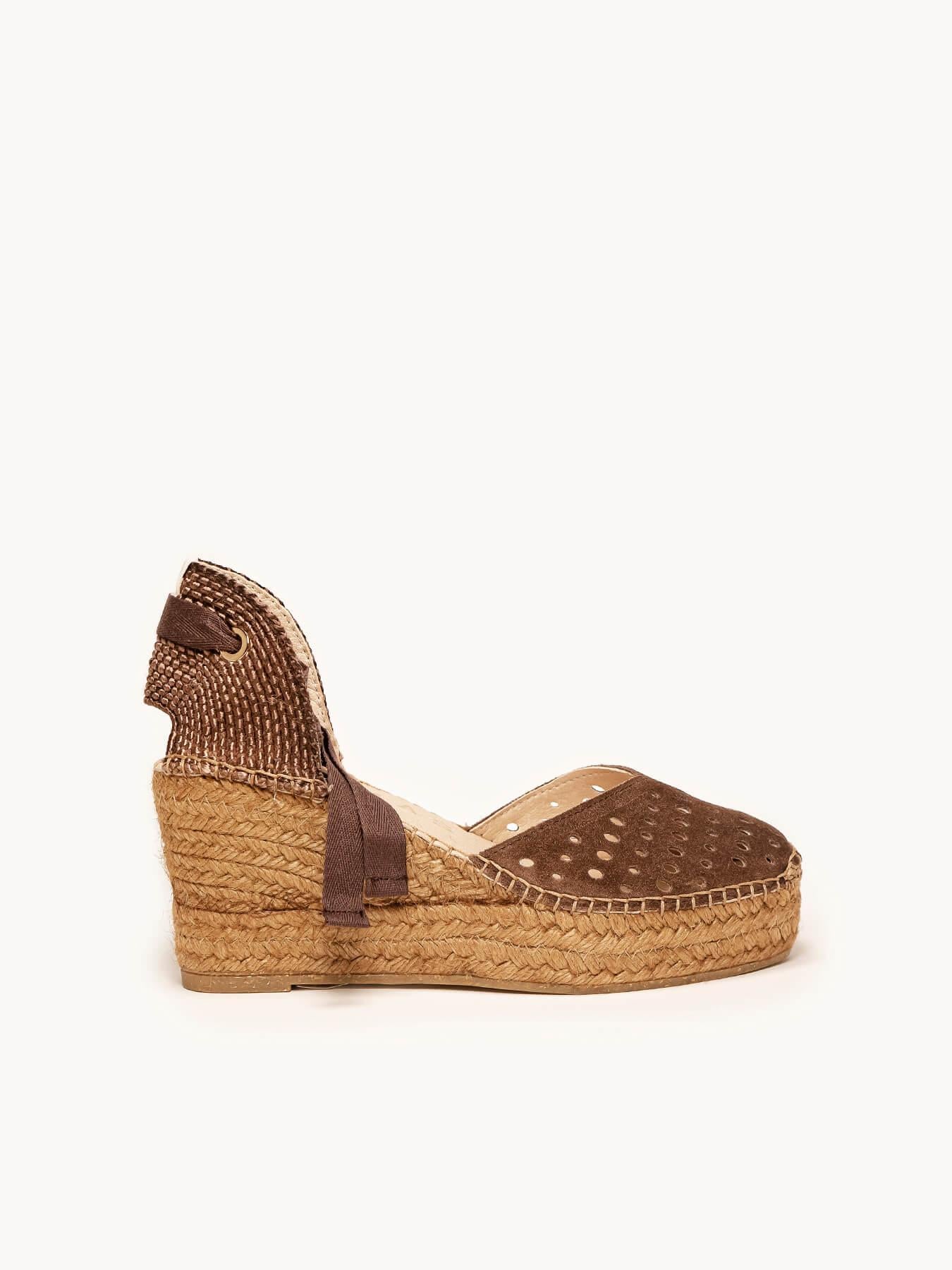 Sandália Romero Anabela 8 cm Camurça Marrom Escuro