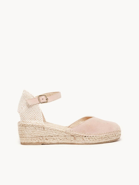 Sandália Anabela Baixa Jara Camurça Rosa Claro