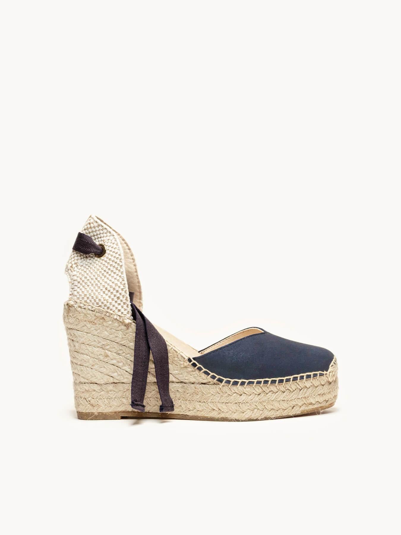 Sandália Romero Anabela 10 cm Camurça Azul Marinho