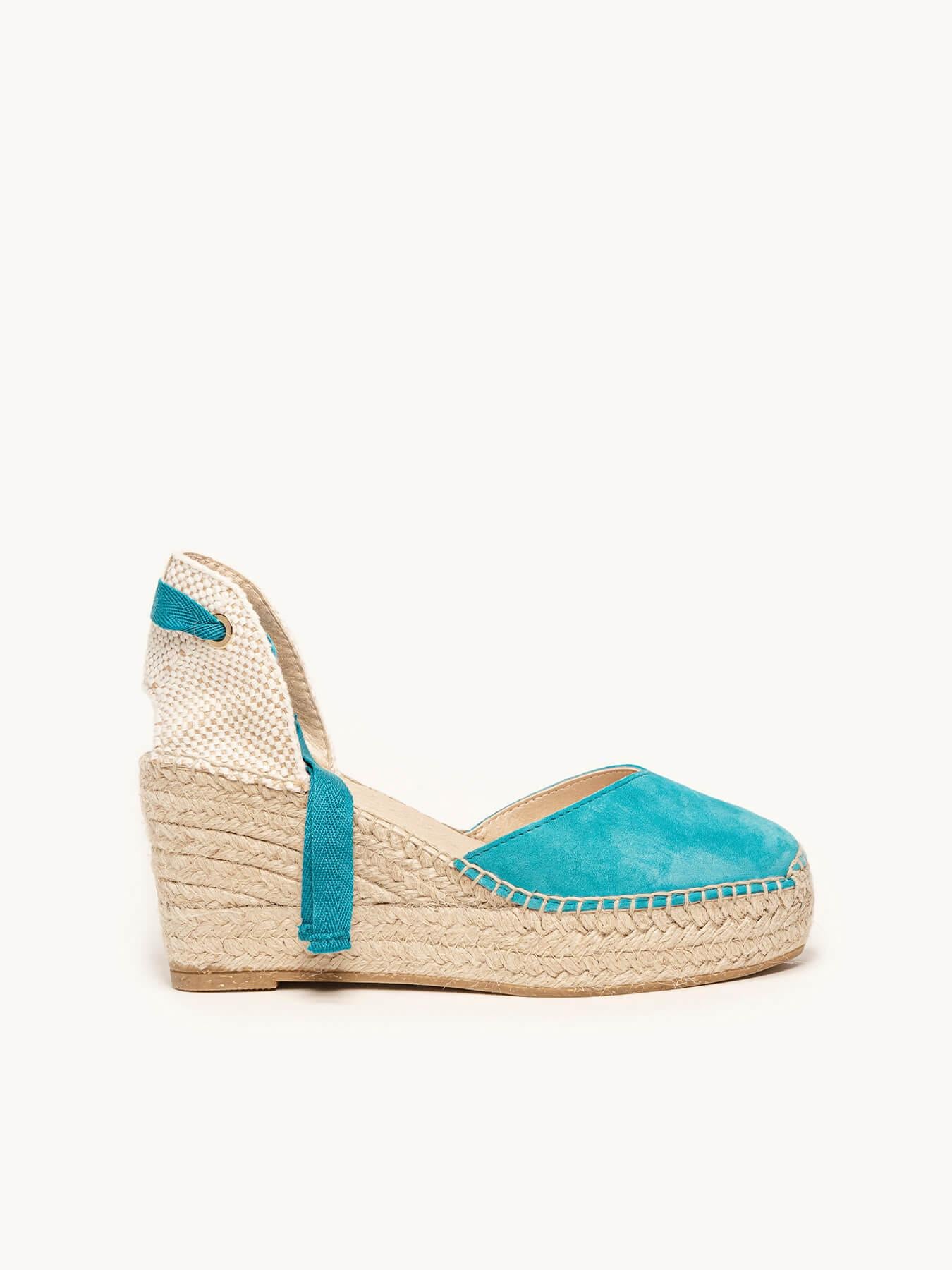 Sandália Romero Anabela 8 cm Camurça Azul Turquesa
