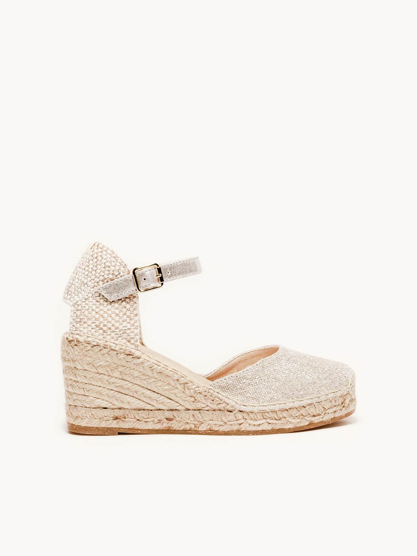 Sandália Anabela Média Dalia Linho Metalizado Prata