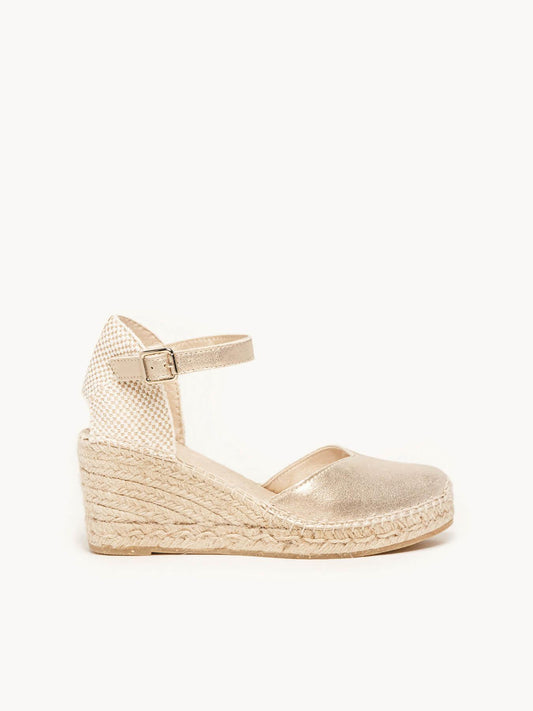 Sandália Jara Anabela 7 cm Camurça Dourado