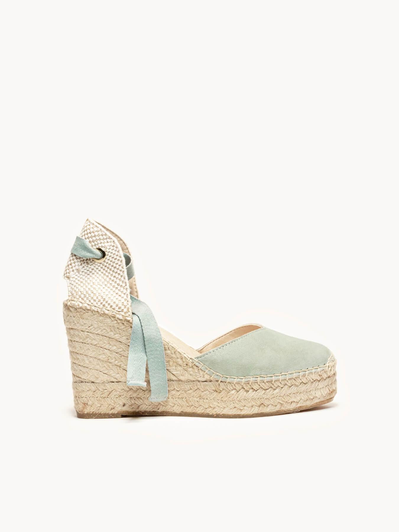 Sandália Anabela Alta Romero Camurça Verde Claro