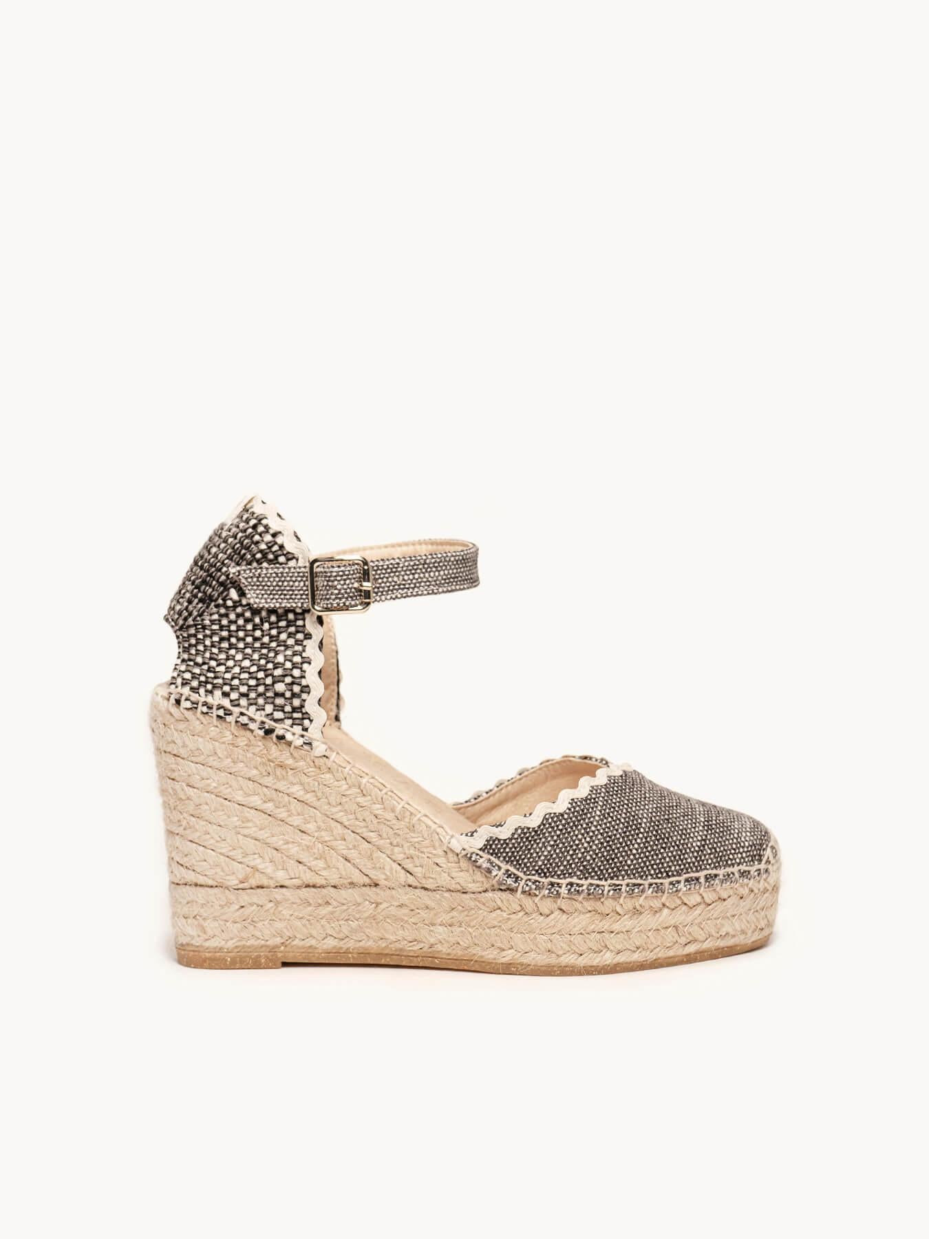 Sandália Anabela Alta Jara Linho Mesclado Preto