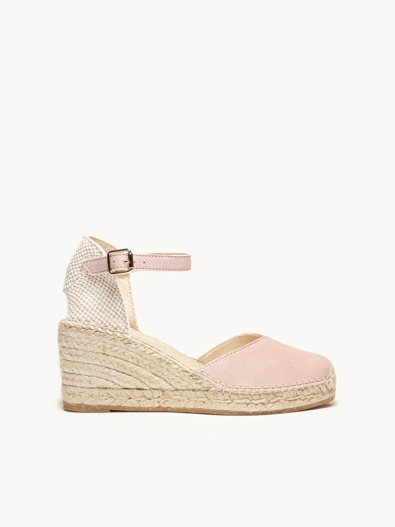 Sandália Anabela Média Jara Camurça Rosa Clara