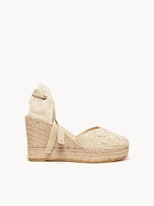 Sandália Romero Anabela 10 cm Bordado Cru