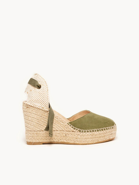 Sandália Romero Anabela 10 cm Camurça Verde Cáqui