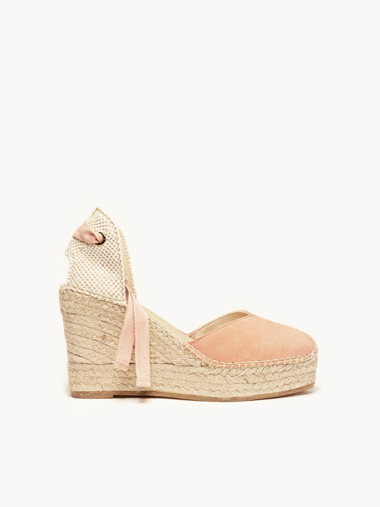 Sandália Romero Anabela 10 cm Camurça Laranja Claro