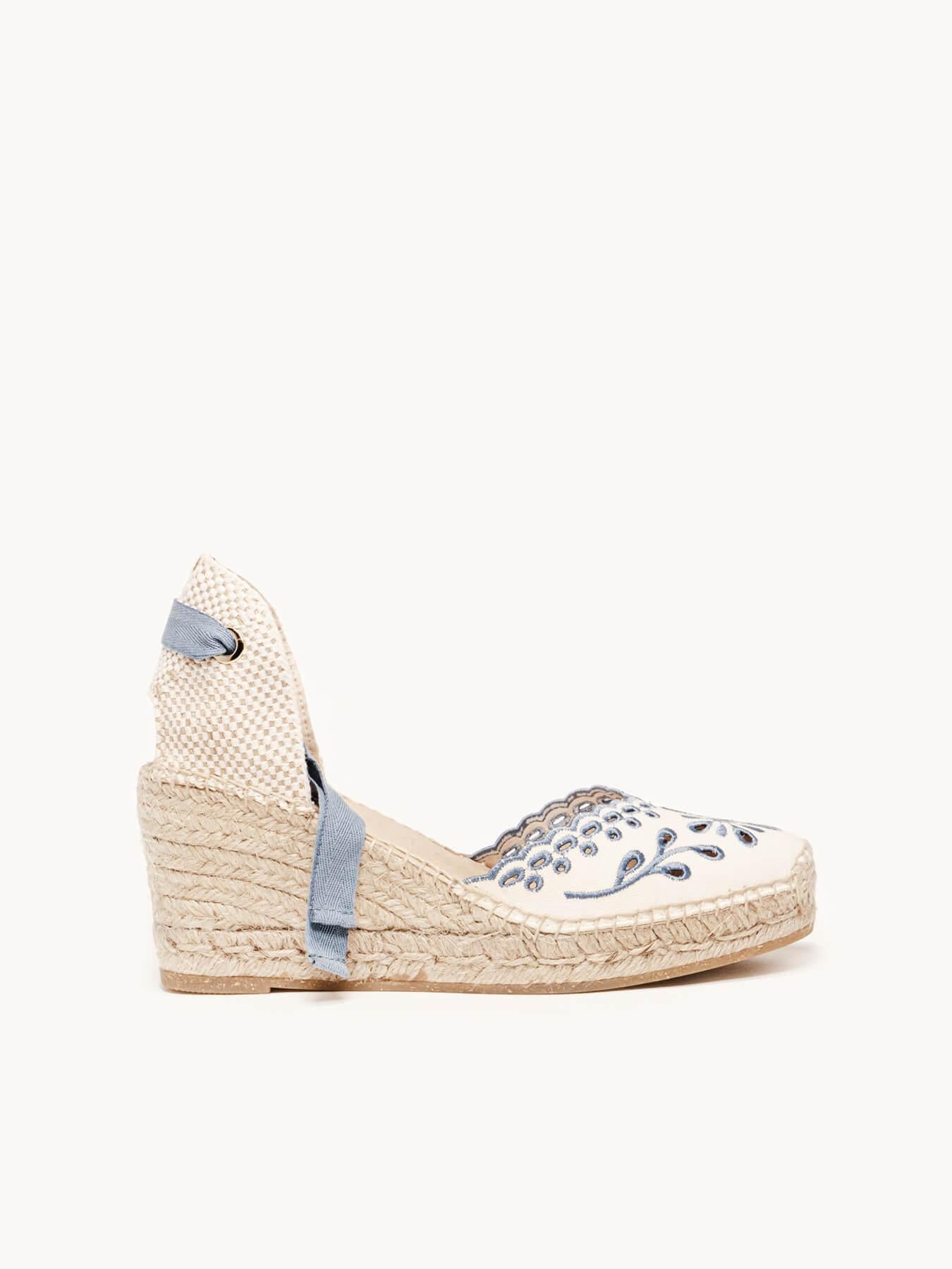 Sandália Anabela Média Romero Lona Bordada Azul Jeans