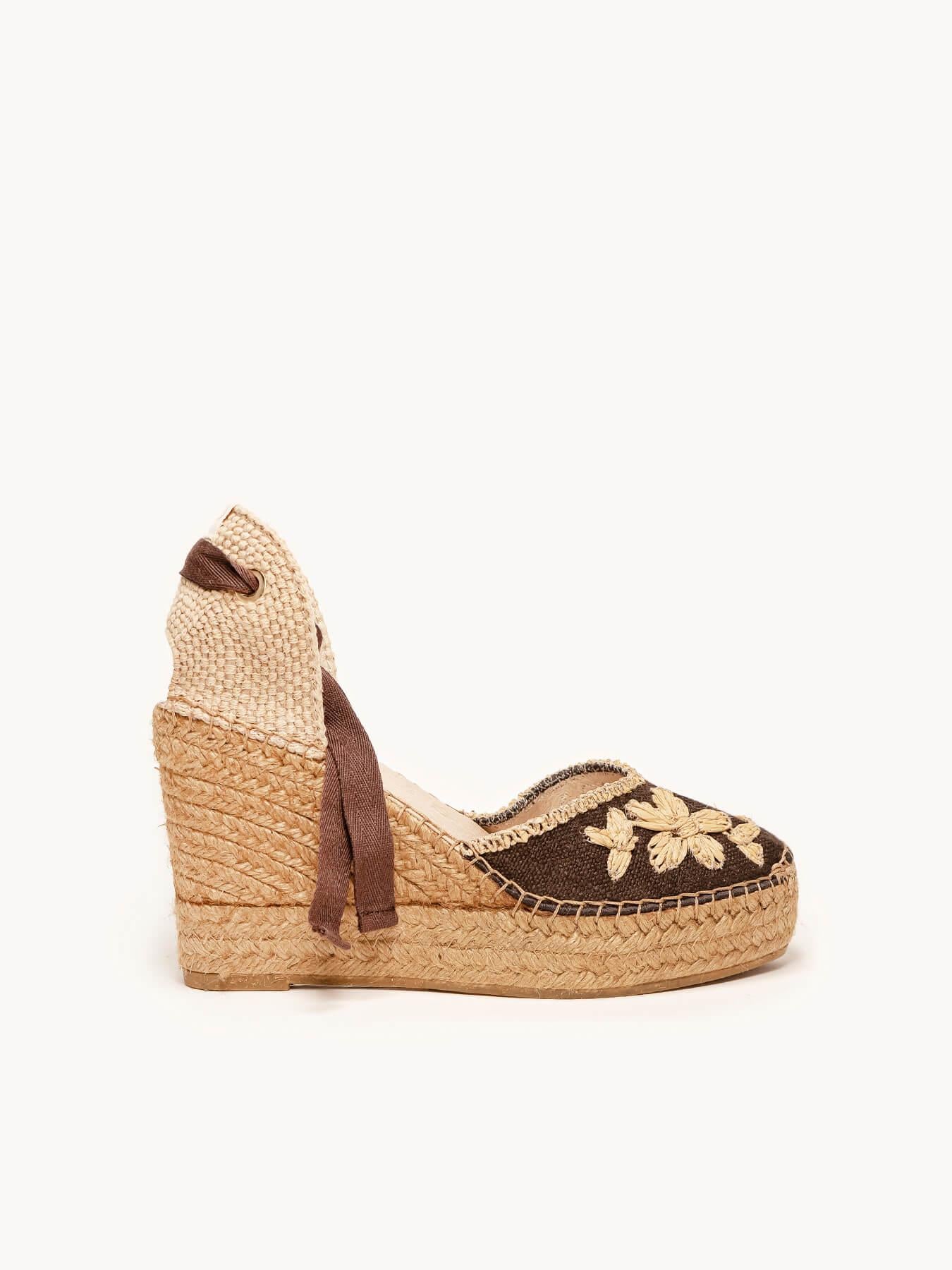 Sandália Romero Anabela 10 cm Bordado Marrom Escuro