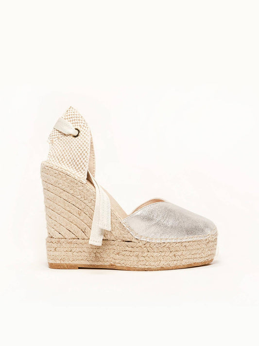 Sandália Romero Anabela 12 cm Camurça Prateado