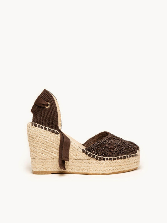 Sandália Romero Anabela 10 cm Ráfia Marrom Escuro