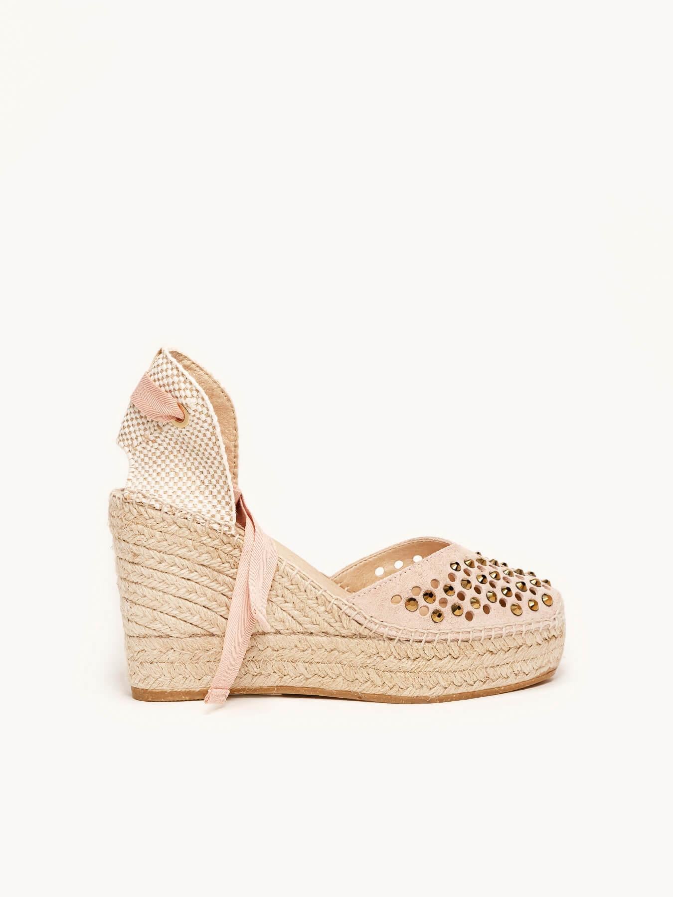 Sandália Romero Anabela 10 cm Camurça Rosa Claro