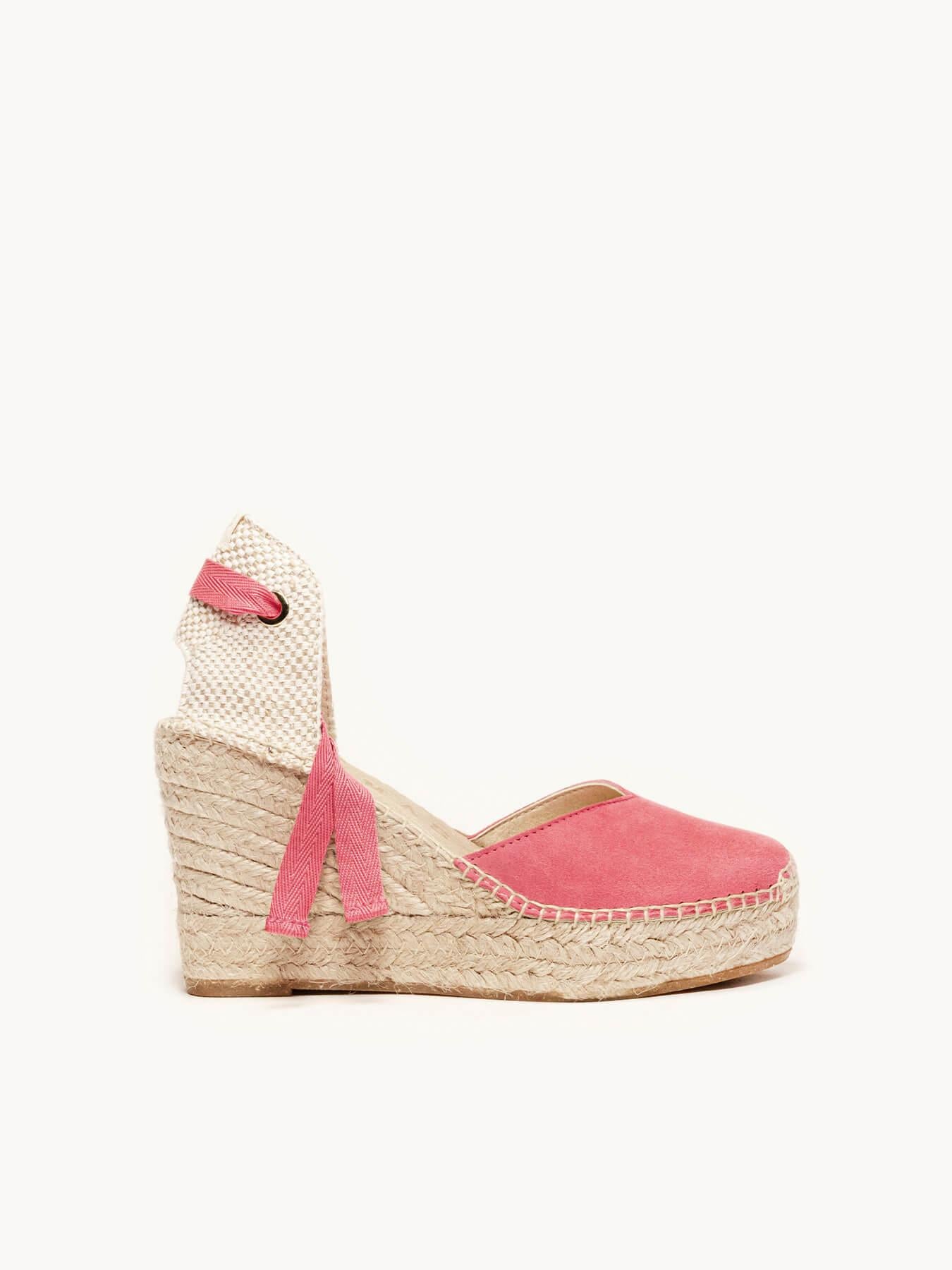 Sandália Romero Anabela 10 cm Camurça Rosa Fúcsia
