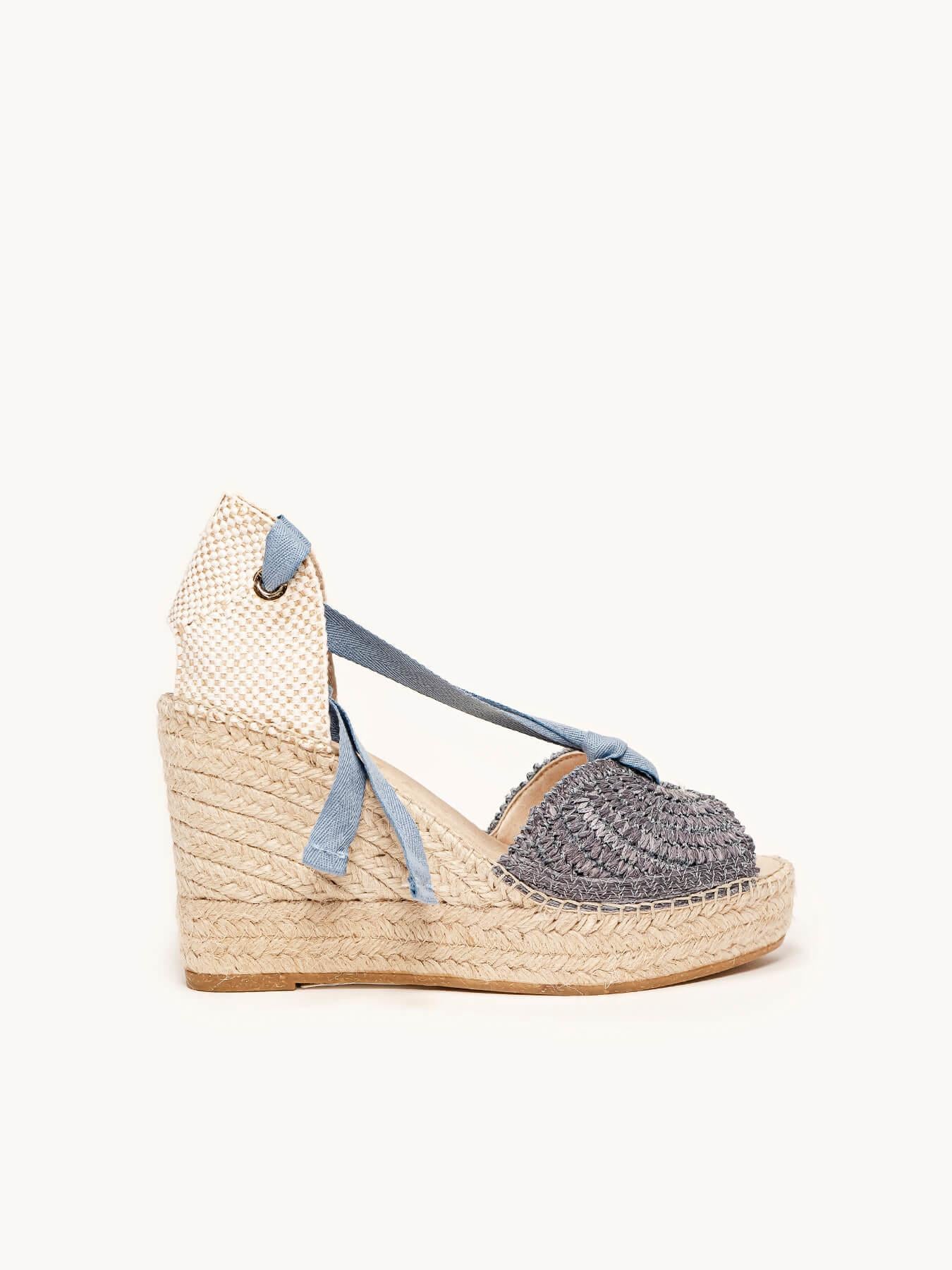 Sandália Lirio Anabela 10 cm Ráfia Azul Jeans