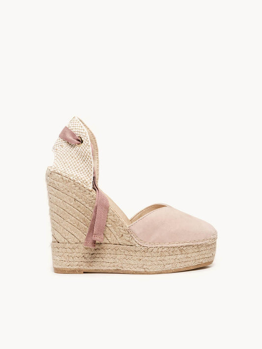 Sandália Romero Anabela 12 cm Camurça Rosa Claro