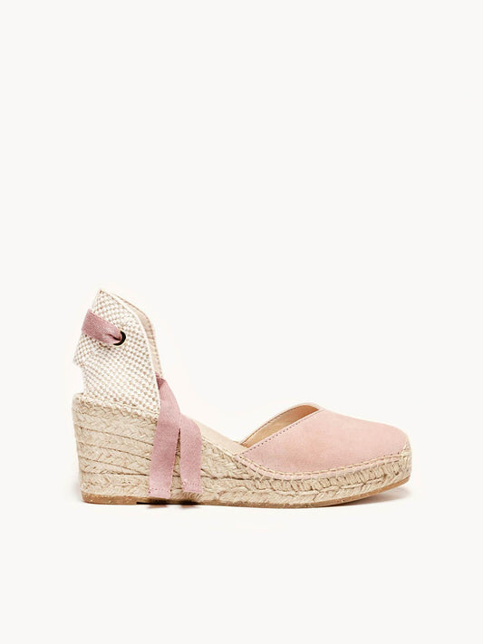Sandália Romero Anabela 7 cm Camurça Rosa Claro