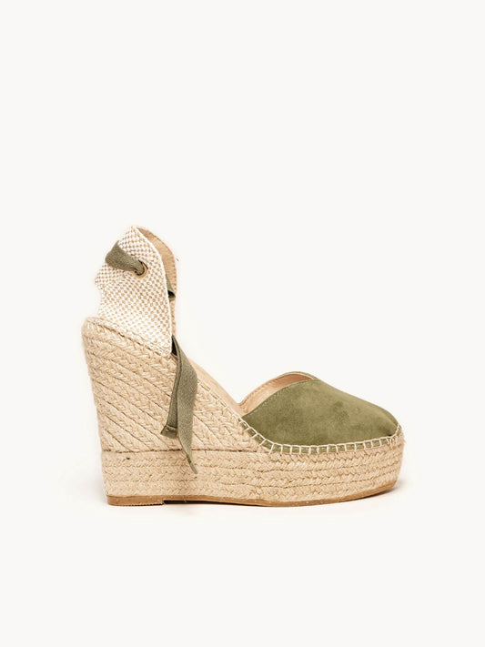 Sandália Romero Anabela 12 cm Camurça Verde Cáqui